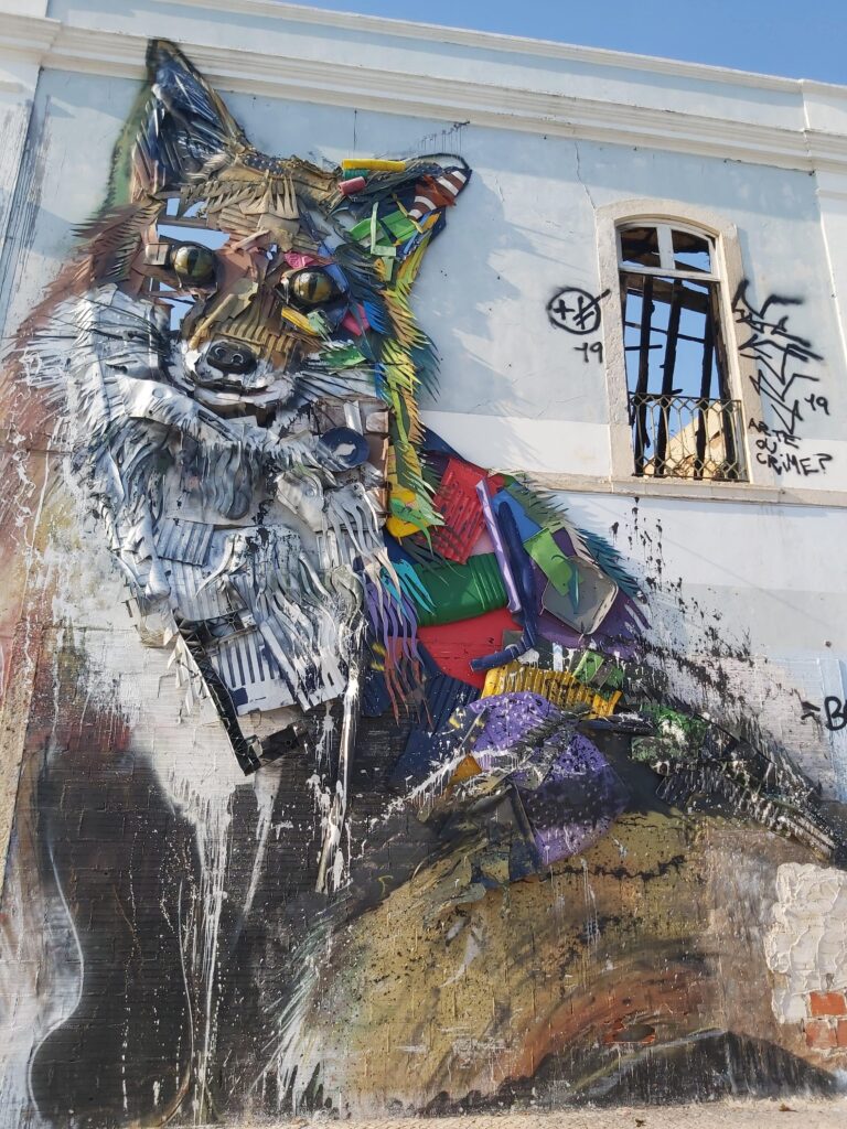 Fox street art made from recycled materials in Lisbon, Portugal